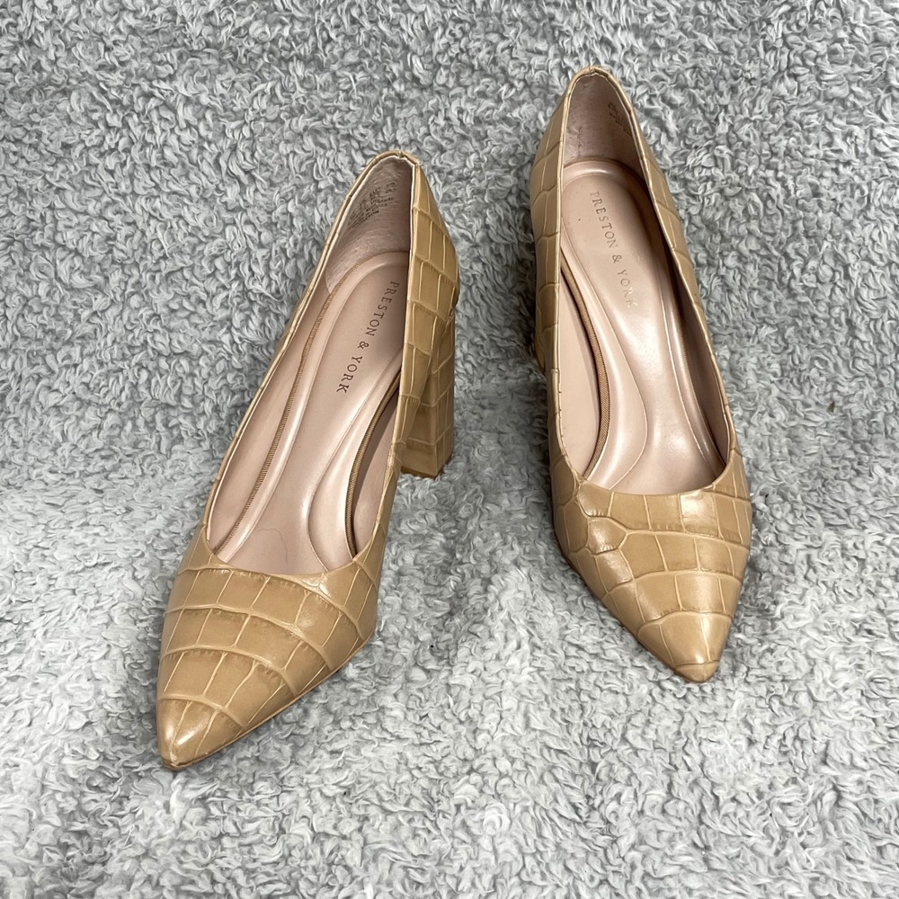 Preston York Payton Womens Pumps Shoes 8.5M Tan Croc Embossed Block Heel Classic